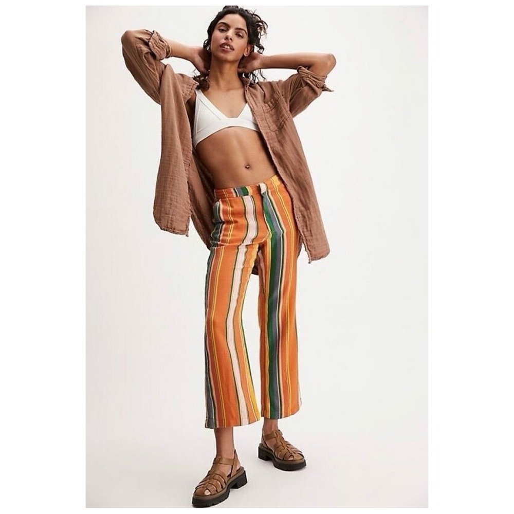 Free People Orange Multi Stripe High Rise Straight Leg Pants Size 2 Boho Y2k